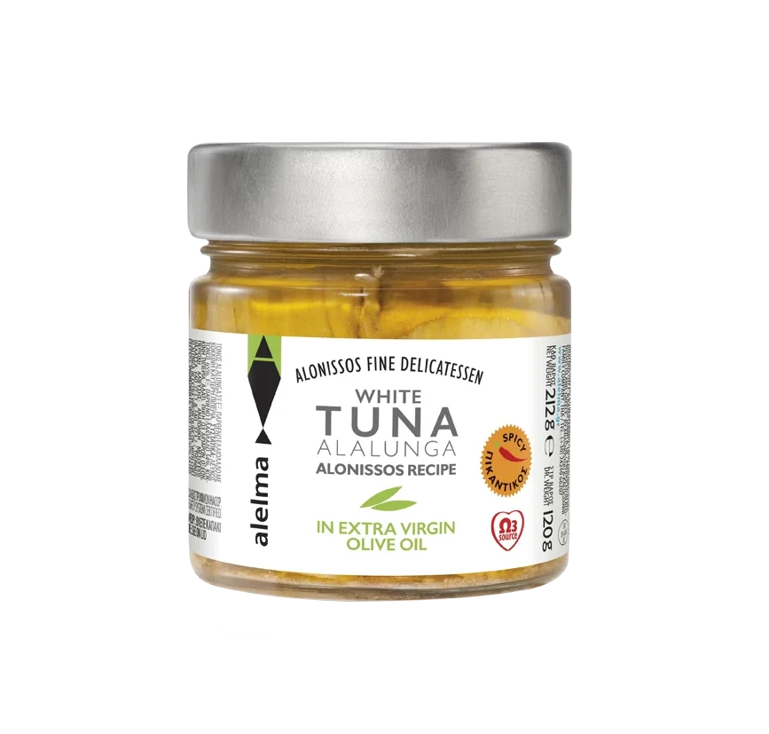 WHITE-SPICY-EVOO-212-TEL-RGB-ENG Alelma Λευκός Πικάντικος τόνος Αλοννήσου Alalunga σε Εξαιρετικό Παρθένο Ελαιόλαδο 212gr - Image 1