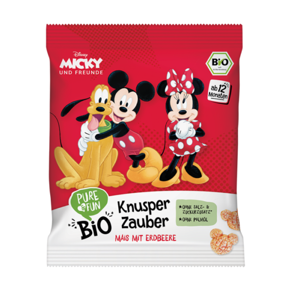 Pure & Fun Βιολογικό Σνακ Καλαμποκιού με γεύση Φράουλα Mickey 30gr (+12μηνών)