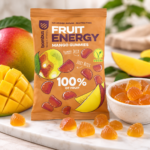 Bombus Fruit Energy Mango Gummies ζελεδάκια μάνγκο 35g με φρέσκο μάνγκο και ζελεδάκια σε μπολ