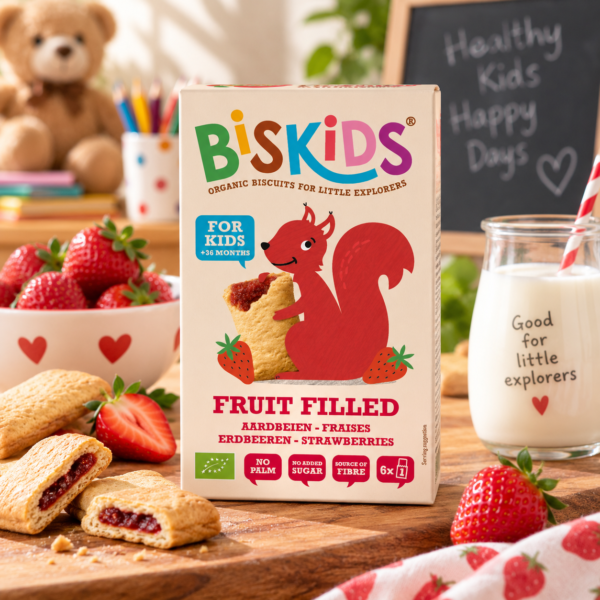 Biskids βιολογικά παιδικά μπισκότα με γέμιση φράουλας 120g